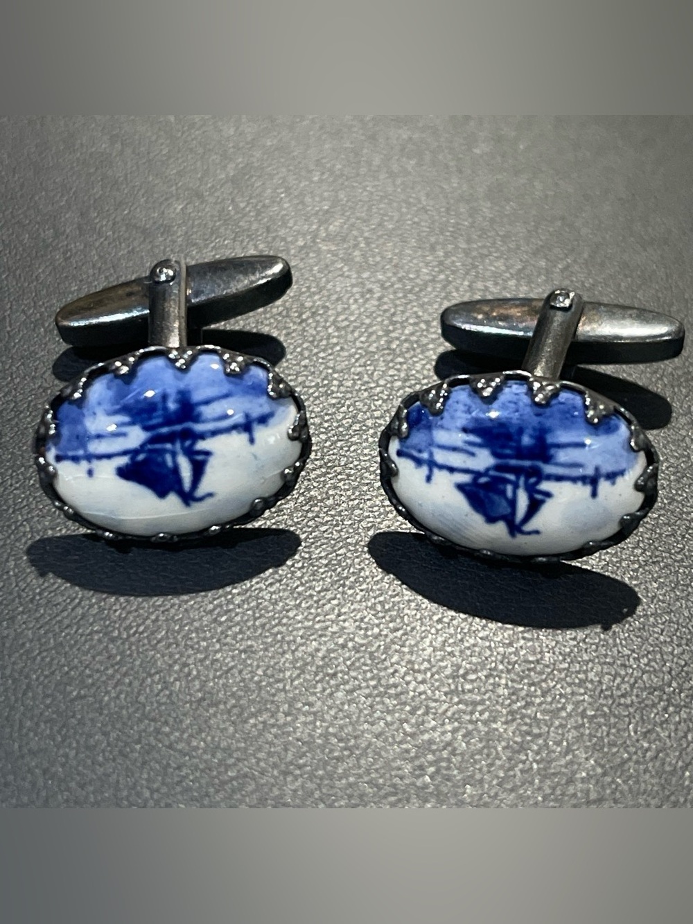Men's Blue and White Porcelain Oval Cufflinks - Elegant Dress Accessory